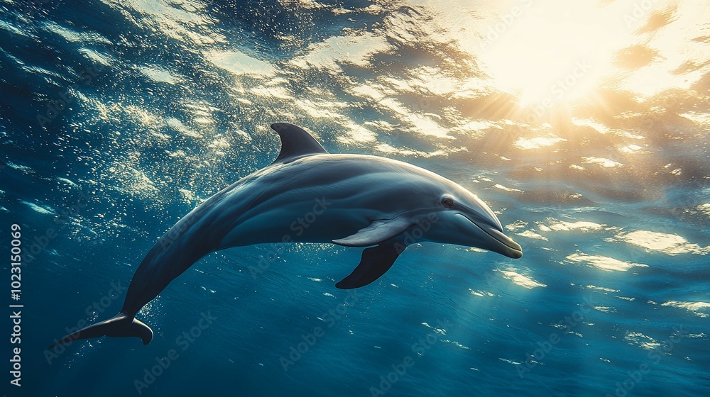 Dolphin Swimming Towards the Surface with Sunlight in the Background Dolphin Swimming Towards the Surface with Sunlight in the Background