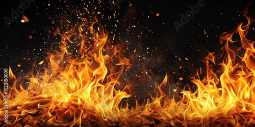 Close-up of fiery flames with sparks on a black background, fire, flames, sparks, heat, glowing, orange, intense, danger