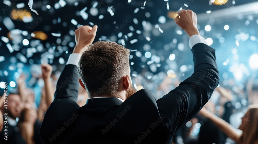 Dressed in formal attire, this individual revels in a jubilant celebration, amidst a crowd as confetti cascades, capturing the essence of joy and triumphant festivity. Dressed in formal attire, this individual revels in a jubilant celebration, amidst a crowd as confetti cascades, capturing the essence of joy and triumphant festivity.
