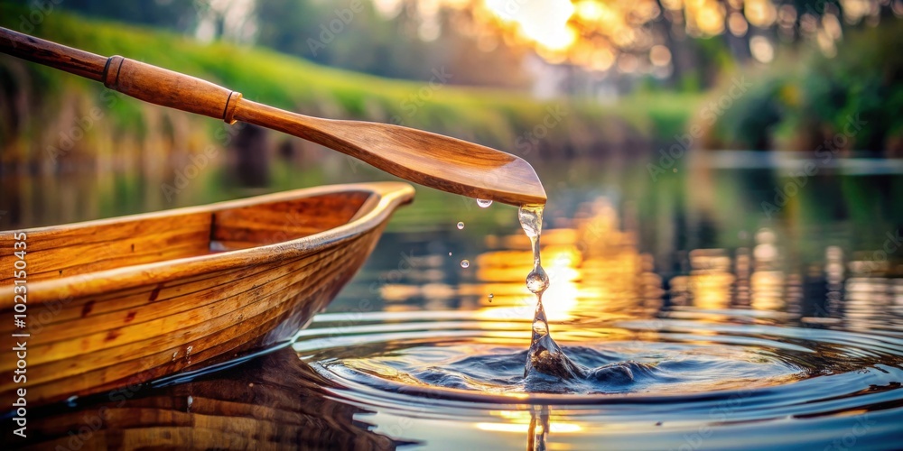 Fototapeta premium Close up of a wooden rowboat paddle dripping water on a pond lake with shallow depth of field , rowboat, paddle, water droplets