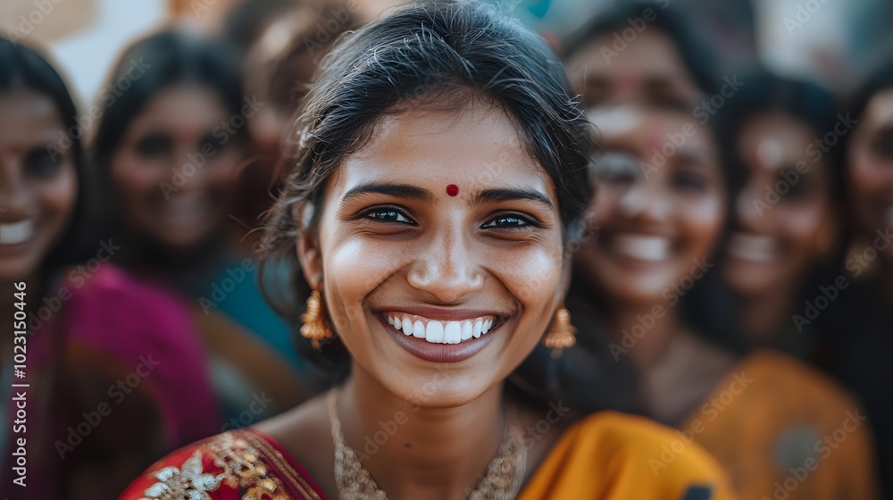 A group of smiling women from India, representing the growing role and strength of women in their society A group of smiling women from India, representing the growing role and strength of women in their society