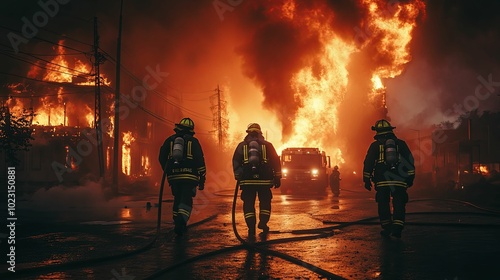 Three Firefighters Facing a Fierce Blaze in a Burning Urban Landscape