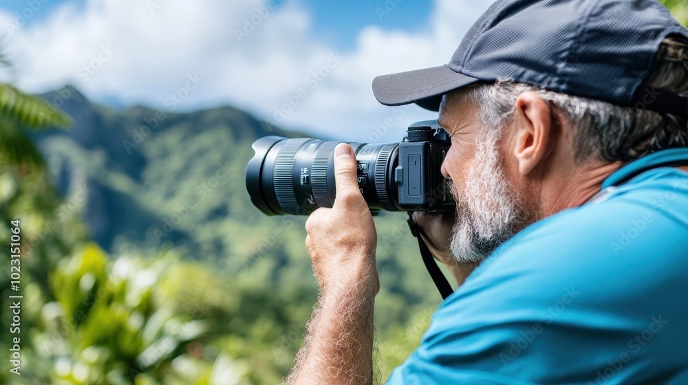 A photographer in a cap focusing through his camera lens, capturing lush mountain scenery, highlighting the art of nature photography and serene exploration. A photographer in a cap focusing through his camera lens, capturing lush mountain scenery, highlighting the art of nature photography and serene exploration.