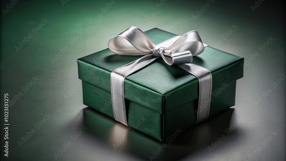 Dark green gift box with silver ribbon and bow , gift, box, present, holiday, celebration, surprise, festive, silver, ribbon Dark green gift box with silver ribbon and bow , gift, box, present, holiday, celebration, surprise, festive, silver, ribbon