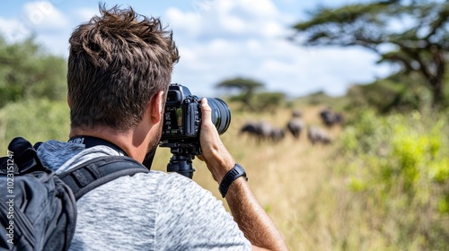 A photographer focuses intently on capturing the essence of the savannah, with roaming wildlife in the background, highlighting passion and dedication to nature.