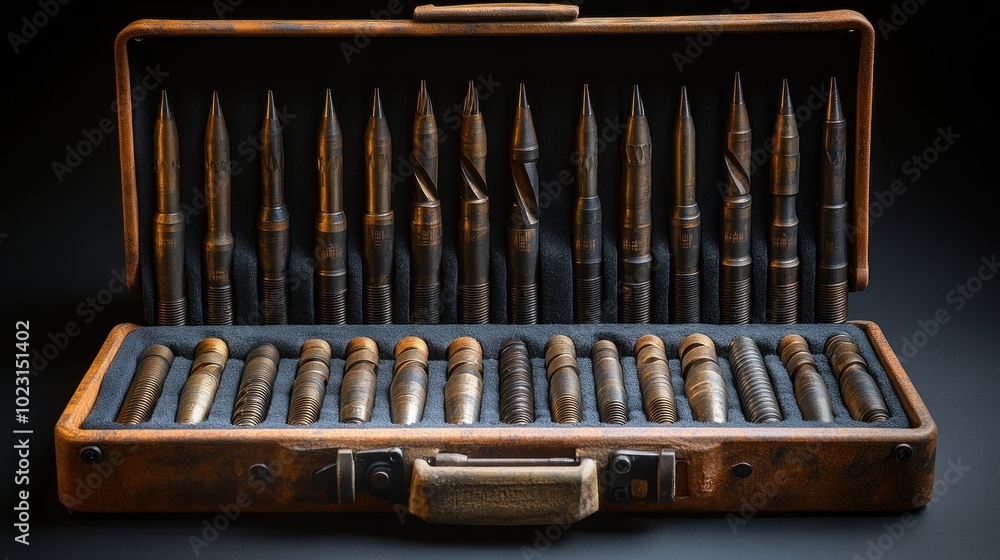 A wooden case containing various tools, likely for crafting or woodworking. A wooden case containing various tools, likely for crafting or woodworking.