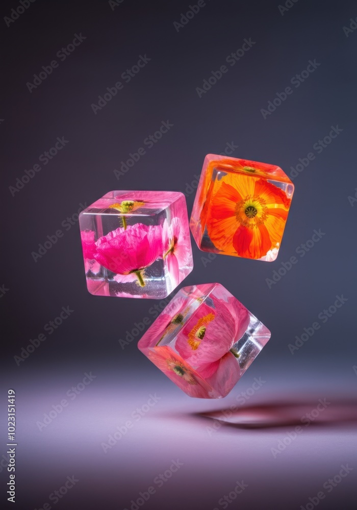 Elegant Floating Floral Resin Cubes on Dark Background Elegant Floating Floral Resin Cubes on Dark Background