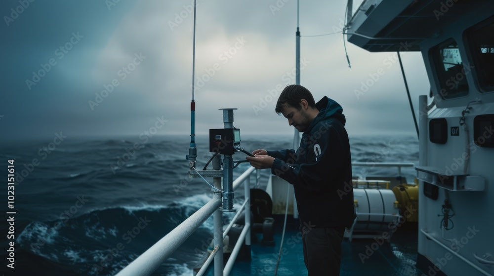 Naklejka premium Moody skies envelop a scientist focusing on instruments aboard a ship, capturing the essence of dedication in oceanic research.