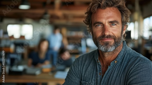 Casually dressed middle-aged man with a confident smile in a busy open office setting, creating an atmosphere of collaboration and productivity