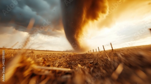 A swirling tornado dominates an expansive rural field, set against a backdrop of dramatic, swirling clouds, showcasing nature's raw, unbridled power. photo