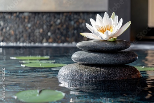 Spa still life with water lily and zen stone in a serenity pool - generative ai