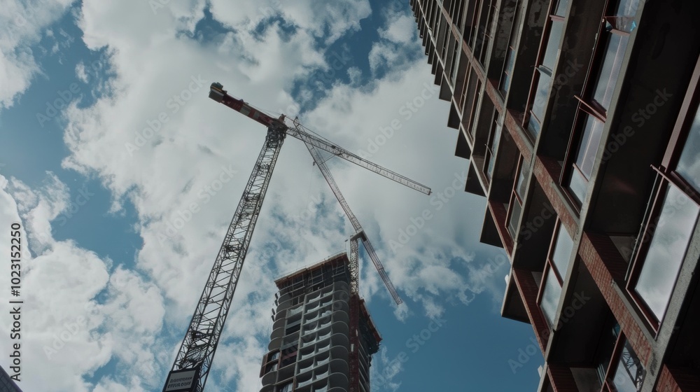 Fototapeta premium A towering skyscraper rises under a blue sky, with cranes soaring amid puffy clouds, symbolizing growth and urban progress.