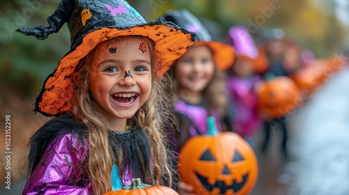 A group of young children enjoying Halloween festivities outdoors, dressed in colorful costumes, with painted faces and holding carved pumpkins while smiling