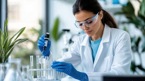 A female scientist in a white lab coat and protective glasses is carefully using a pipette amidst test tubes in a lab, illustrating precision and scientific pursuit. photo