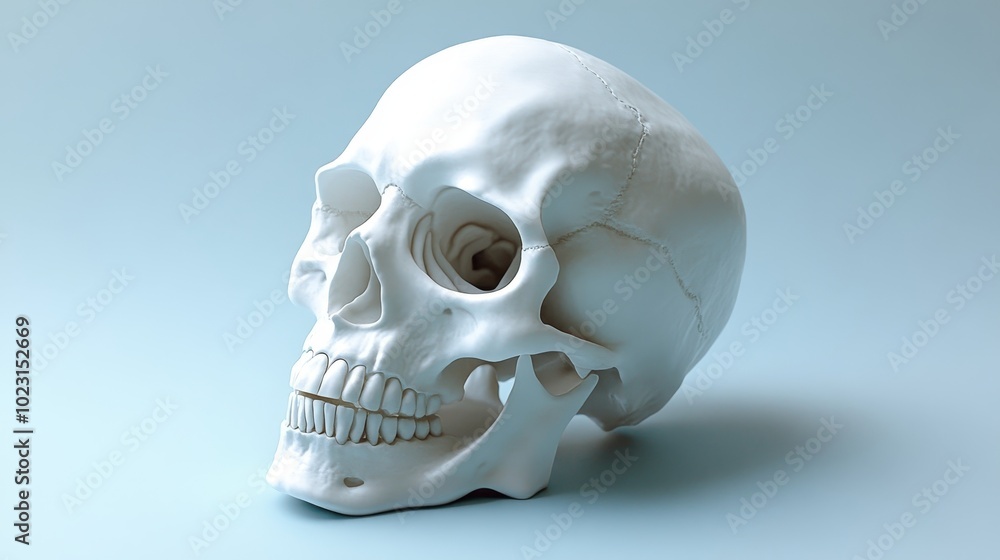 A white skull is sitting on a blue background A white skull is sitting on a blue background