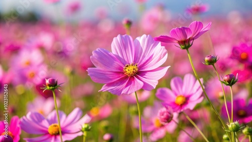 Fototapeta Naklejka Na Ścianę i Meble -  Vibrant pink cosmos flowers blooming in a vast field, pink, cosmos, flowers, blooming, field, nature, vibrant, pink, garden