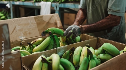 Amidst tropical ambiance, a worker organizes stacks of vivid green bananas within cardboard boxes in a bustling facility. photo