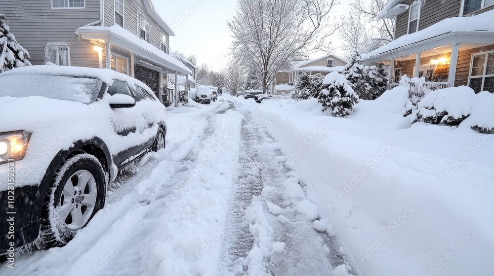 Several cars are parked along a suburban street, heavily covered in snow, with charming houses flanking the sides, encapsulating the essence of wintertime suburban life. Several cars are parked along a suburban street, heavily covered in snow, with charming houses flanking the sides, encapsulating the essence of wintertime suburban life.
