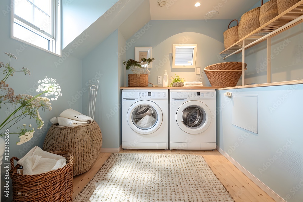 Bright and Inviting Laundry Room with Modern Appliances and Natural Decor Bright and Inviting Laundry Room with Modern Appliances and Natural Decor