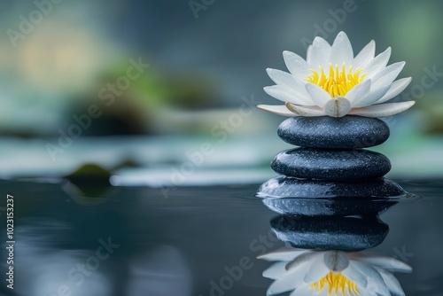 Spa still life with water lily and zen stone in a serenity pool - generative ai