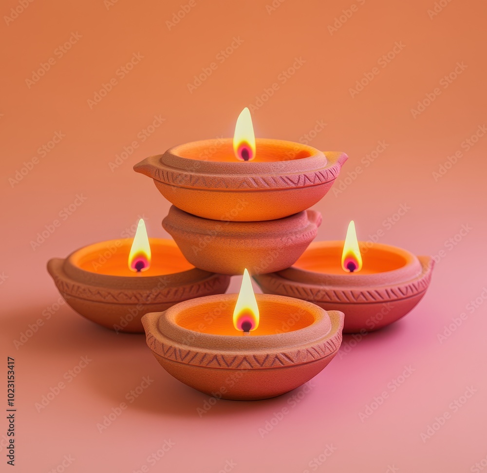 Four Clay Diya Lamps with Flames on a Pink Background Four Clay Diya Lamps with Flames on a Pink Background