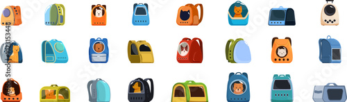 Backpack pet icons set. Different backpacks for carrying cats and dogs while traveling, featuring various designs and colors