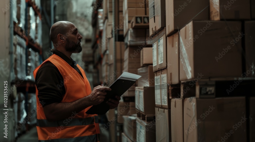 Man in a brightly-lit warehouse checks inventory, surrounded by towering boxes and the hum of industry. Man in a brightly-lit warehouse checks inventory, surrounded by towering boxes and the hum of industry.