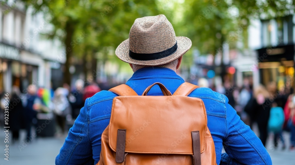 A city street scene with a person in a hat and a brown backpack, capturing the essence of exploration and discovery amid blurred pedestrians in a vibrant city. A city street scene with a person in a hat and a brown backpack, capturing the essence of exploration and discovery amid blurred pedestrians in a vibrant city.