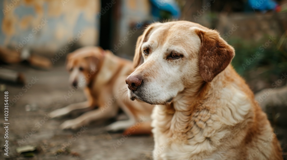 Two senior dogs rest peacefully outdoors, capturing the comfort and tranquility of a shared quiet moment. Two senior dogs rest peacefully outdoors, capturing the comfort and tranquility of a shared quiet moment.