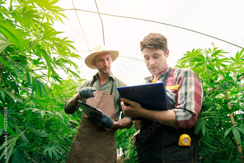 Fotografía Two male cannabis marijuana farmers inspect plant health and growth using tablet and clipboard, growing weed plants, leaves, flowers and nature in a greenhouse garden, medical remedies and medicine
