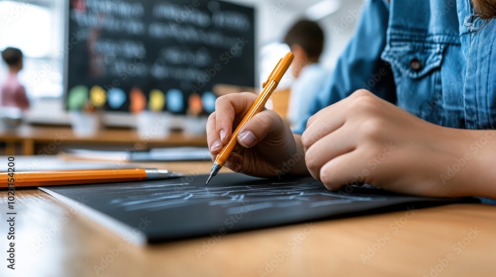 A close-up image of a child's hand with a pencil working on math problems in a classroom, capturing the essence of learning and the importance of education for youth.
