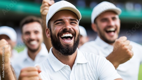 A bearded man in a white cap celebrates with teammates, exuding happiness and unity, embodying the spirit of camaraderie and success in a vibrant sporting event.