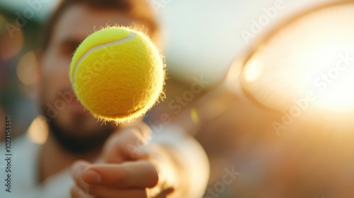 A tennis ball, dramatically caught mid-flight against a backdrop of warm evening light, epitomizing the elegance and dynamism of the sport through a perfect shot.