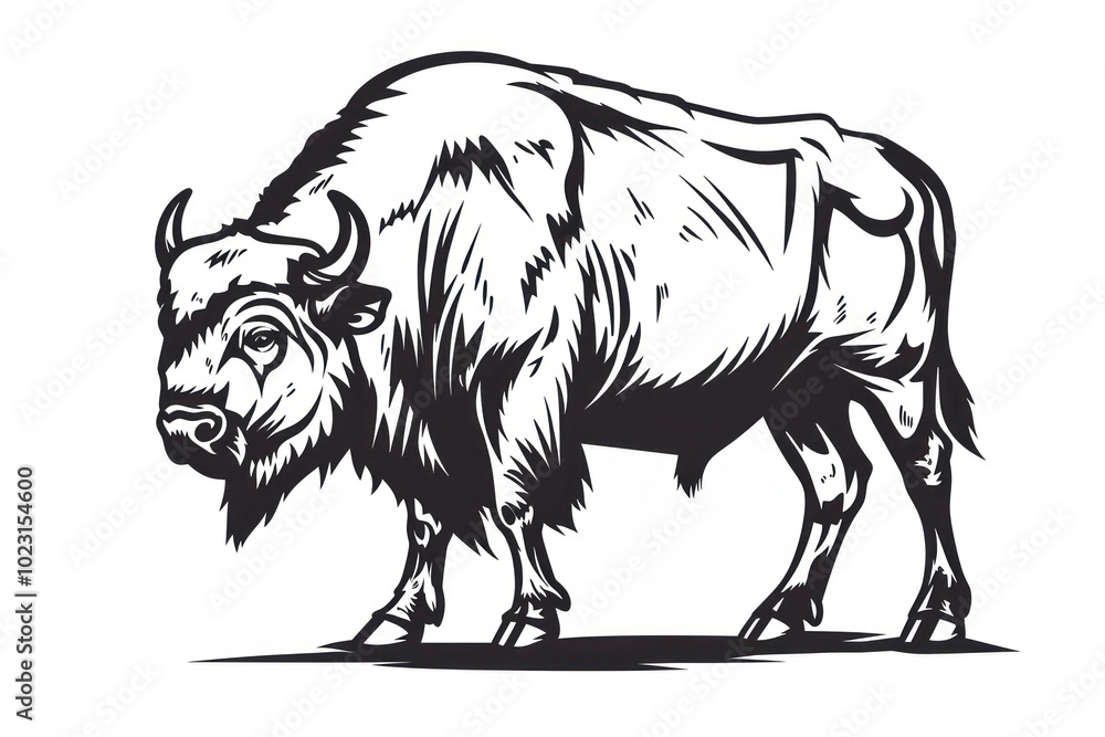 Obraz premium Detailed black-and-white bison illustration
