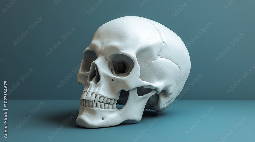 A white skull is sitting on a blue surface A white skull is sitting on a blue surface