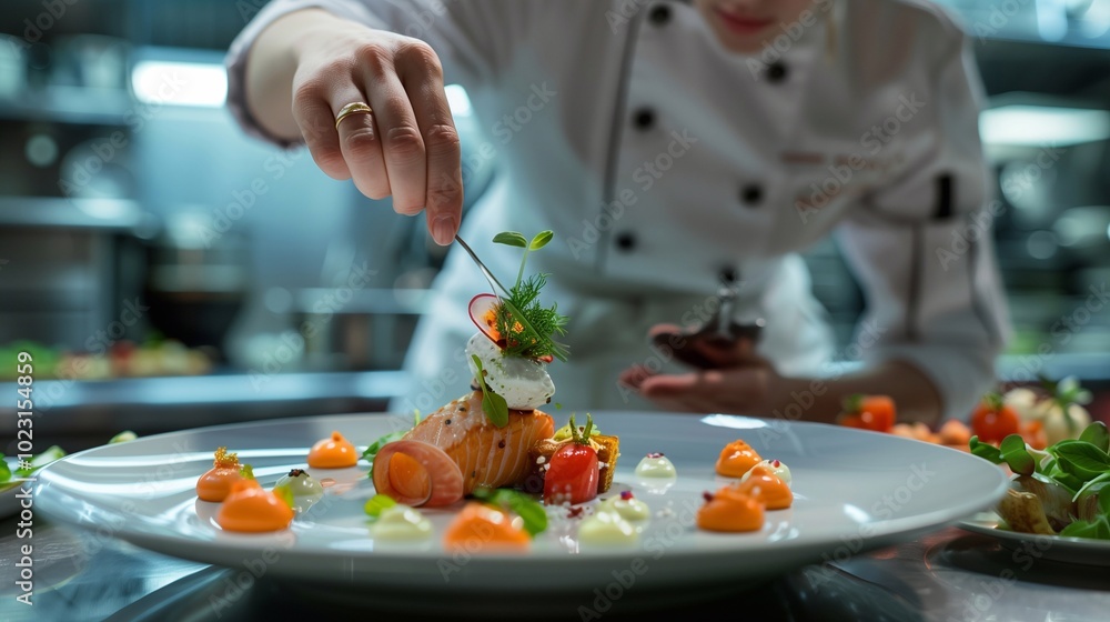 A chef is precisely adding herbs and colorful garnishes to an elegant dish in a modern culinary kitchen, showcasing attention to detail and artistry A chef is precisely adding herbs and colorful garnishes to an elegant dish in a modern culinary kitchen, showcasing attention to detail and artistry
