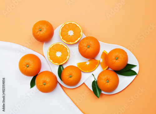 a plate of oranges with thetop view  on it.  photo