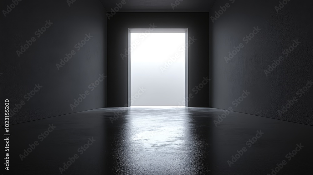 A dark hallway with a white door in the middle A dark hallway with a white door in the middle