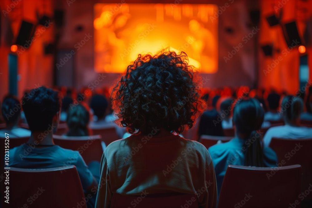 A diverse group of individuals sits in anticipation as they watch an engaging movie in a cozy, dimly lit theater A diverse group of individuals sits in anticipation as they watch an engaging movie in a cozy, dimly lit theater
