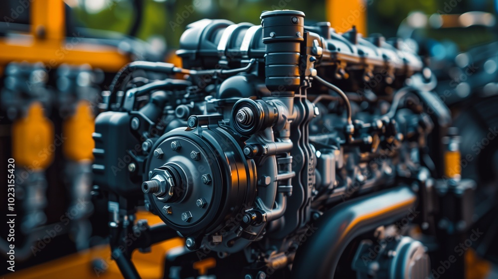 Fototapeta premium This detailed diesel engine highlights components and craftsmanship, emphasizing its functionality and design in a mechanical setting
