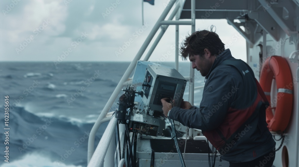 Fototapeta premium Onboard a ship in turbulent seas, a technician operates sophisticated equipment, encapsulating the intersection of maritime skill and high-tech navigation.