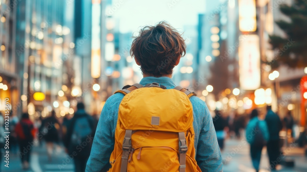 A young traveler wearing a yellow backpack walks through a busy, brightly lit urban street, capturing the vibrant energy and motion of the city life around him.
