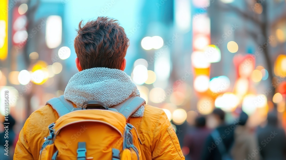 A traveler in an orange jacket journeys through a bright, vibrant cityscape, capturing the spirit of modern exploration and urban discovery at night. A traveler in an orange jacket journeys through a bright, vibrant cityscape, capturing the spirit of modern exploration and urban discovery at night.
