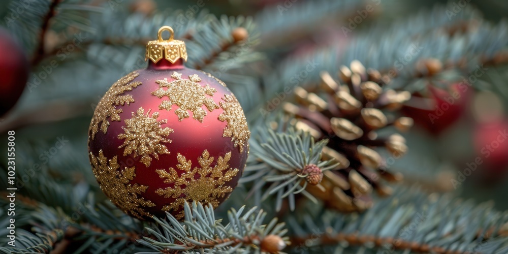 Beautiful close-up of a red Christmas ornament with intricate gold snowflake designs hanging on a pine tree branch together with a pine cone Beautiful close-up of a red Christmas ornament with intricate gold snowflake designs hanging on a pine tree branch together with a pine cone