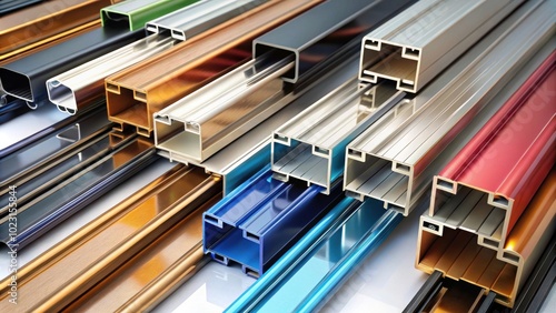 Variety of anodized aluminum profiles in different colors and finishes, metal, anodized, aluminum, profiles photo