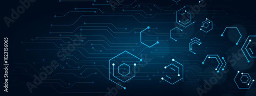 Business technology Digital cyberspace concept, computer circuit polygon line art abstract illustration blue banner background.