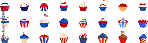 4th july cupcake icons set. Collection of delicious cupcakes decorated with patriotic colors and flags, perfect for representing american holidays