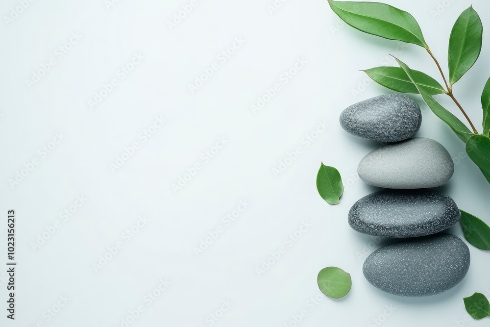 spa stones with green leaf on white background, meditation,harmony,yoga wellness concept,free copy space - generative ai spa stones with green leaf on white background, meditation,harmony,yoga wellness concept,free copy space - generative ai