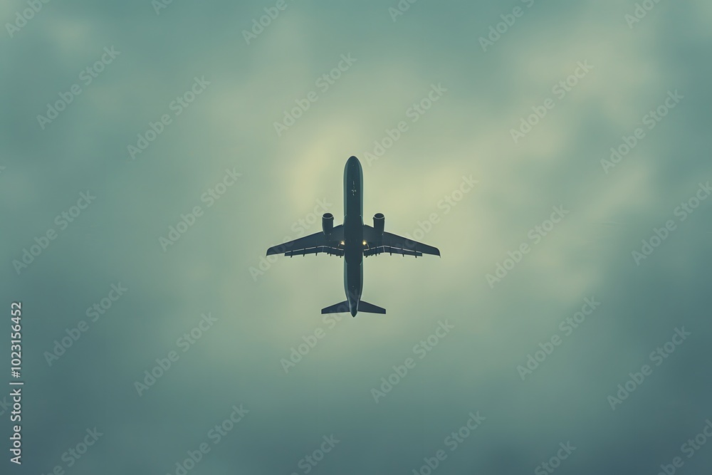 Naklejka premium Aerial Perspective of an Airplane Against a Cloudy Sky