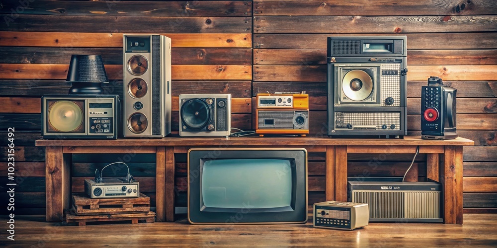 Fototapeta premium Retro items like vintage TV, VHS tapes